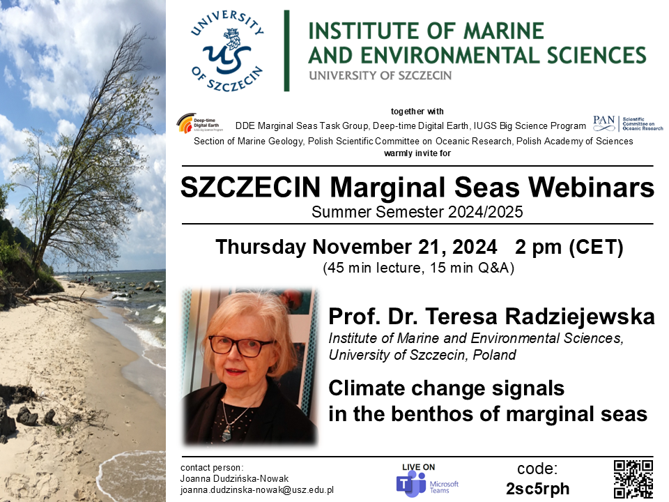 Zaproszenie na wykład dr hab. Teresy Radziejewskiej, prof. US w ramach cyklu Szczecin Marginal Seas Webinars
