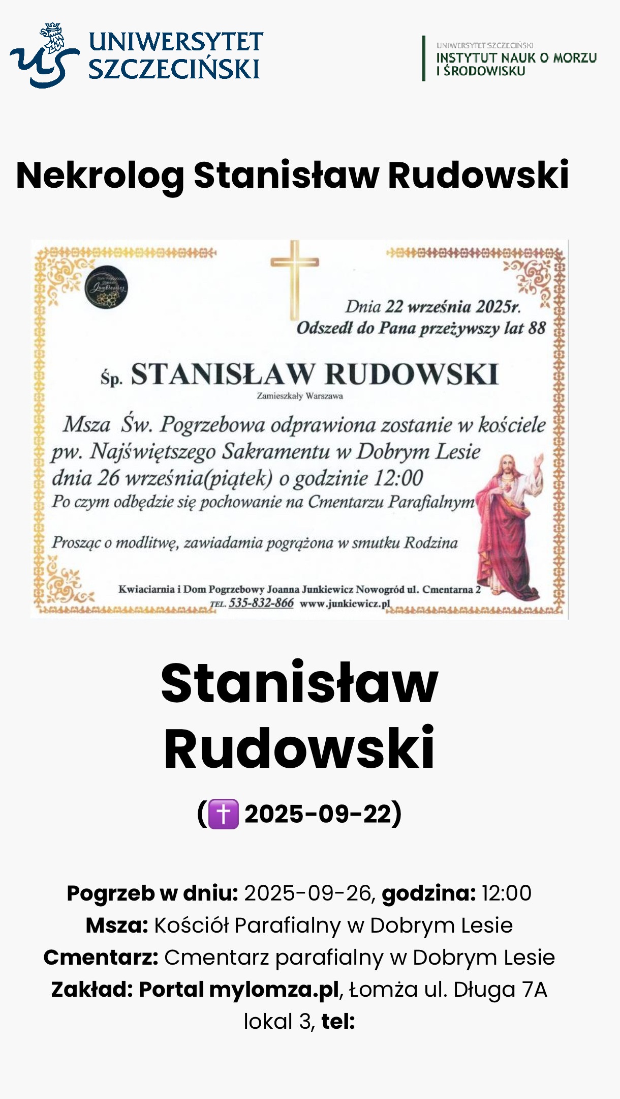 Pożegnanie prof. dr. hab. Stanisława Rudowskiego